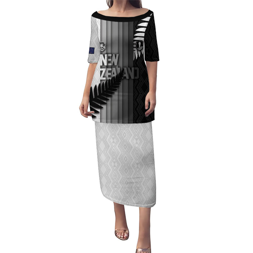 Custom New Zealand Football Puletasi Silver Fern Maori Pattern Monochrome DT05 Long Dress White - Polynesian Pride