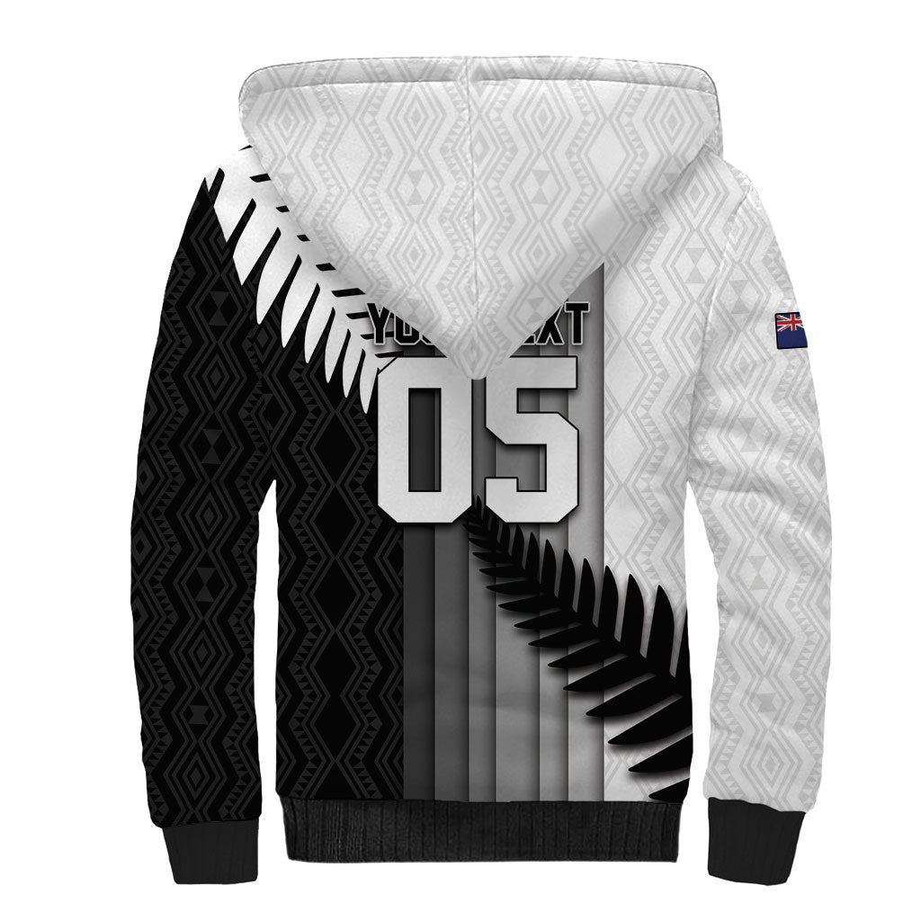 Custom New Zealand Football Sherpa Hoodie Silver Fern Maori Pattern Monochrome