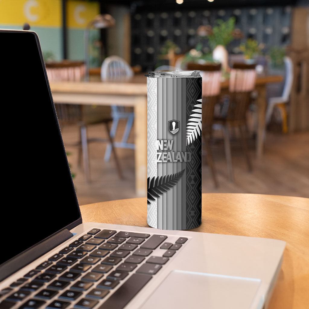 Custom New Zealand Football Skinny Tumbler Silver Fern Maori Pattern Monochrome DT05 - Polynesian Pride