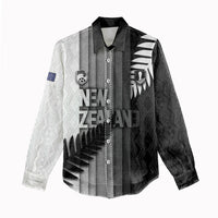Custom New Zealand Football Women Casual Shirt Silver Fern Maori Pattern Monochrome