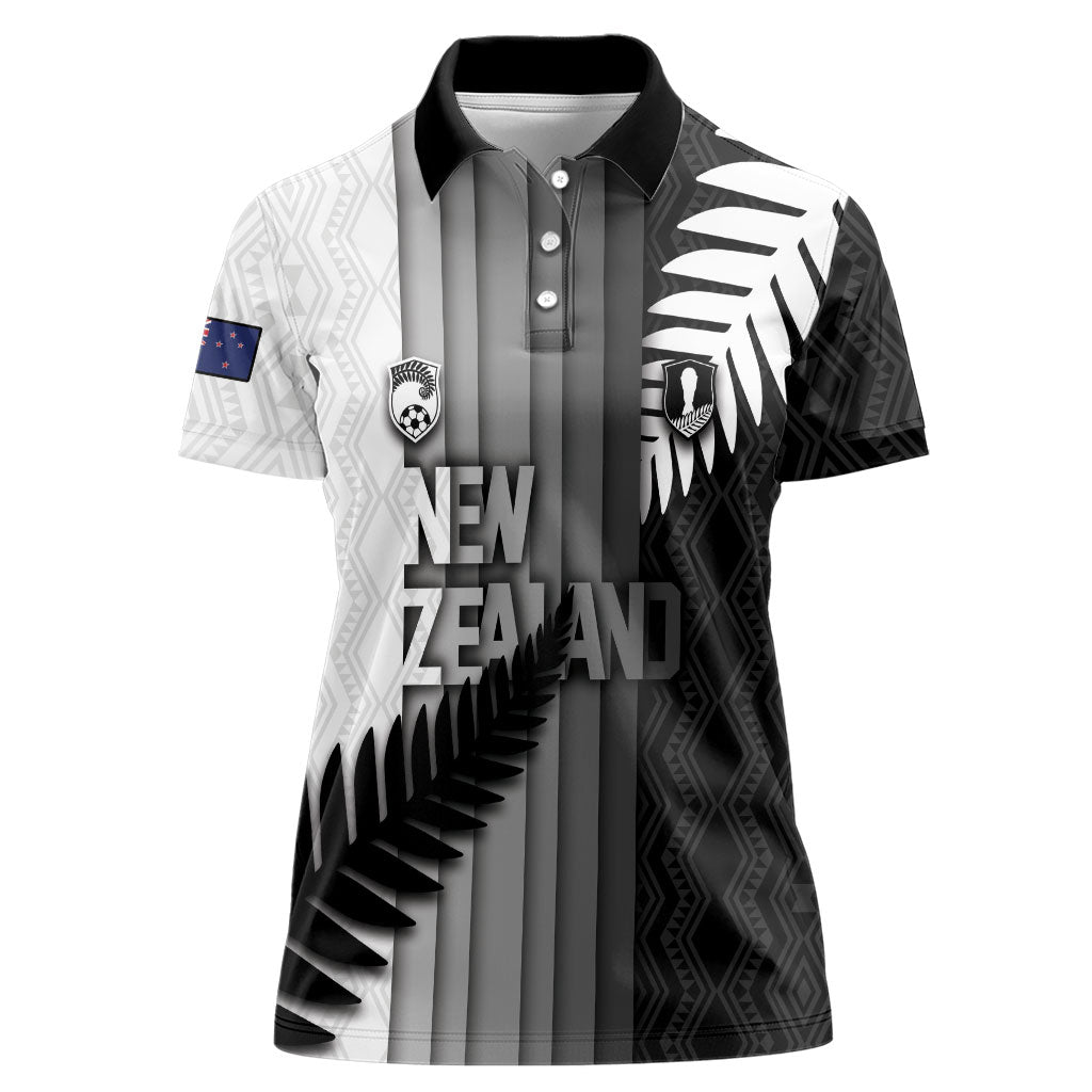 Custom New Zealand Football Women Polo Shirt Silver Fern Maori Pattern Monochrome