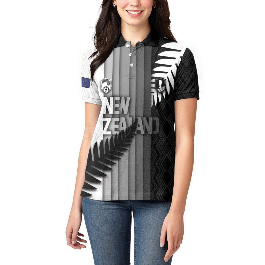 Custom New Zealand Football Women Polo Shirt Silver Fern Maori Pattern Monochrome