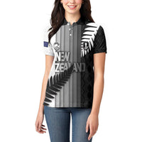Custom New Zealand Football Women Polo Shirt Silver Fern Maori Pattern Monochrome