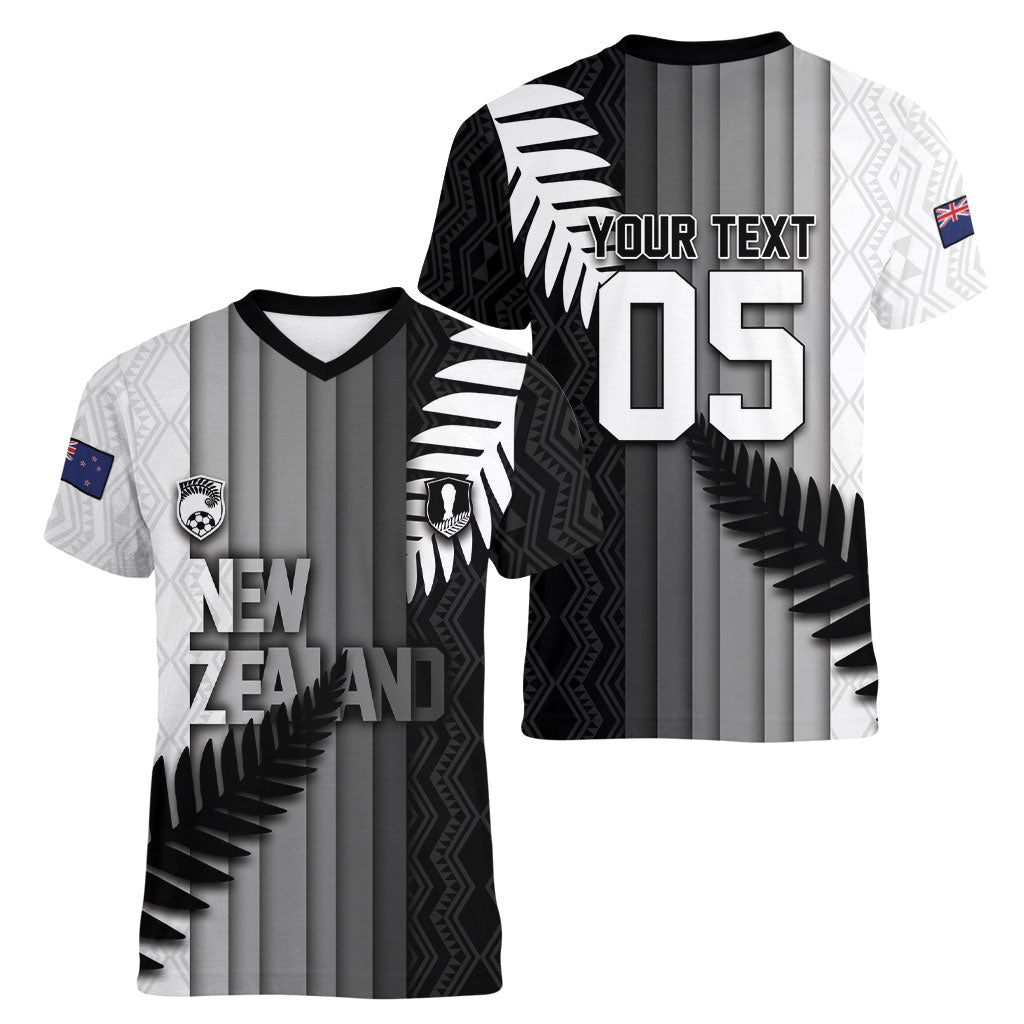 Custom New Zealand Football Women V-Neck T-Shirt Silver Fern Maori Pattern Monochrome