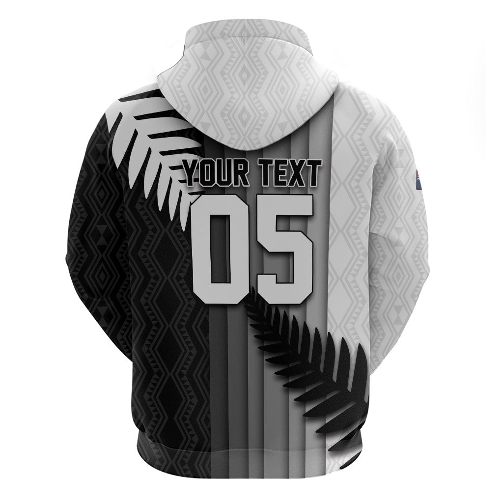 Custom New Zealand Football Zip Hoodie Silver Fern Maori Pattern Monochrome
