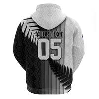Custom New Zealand Football Zip Hoodie Silver Fern Maori Pattern Monochrome