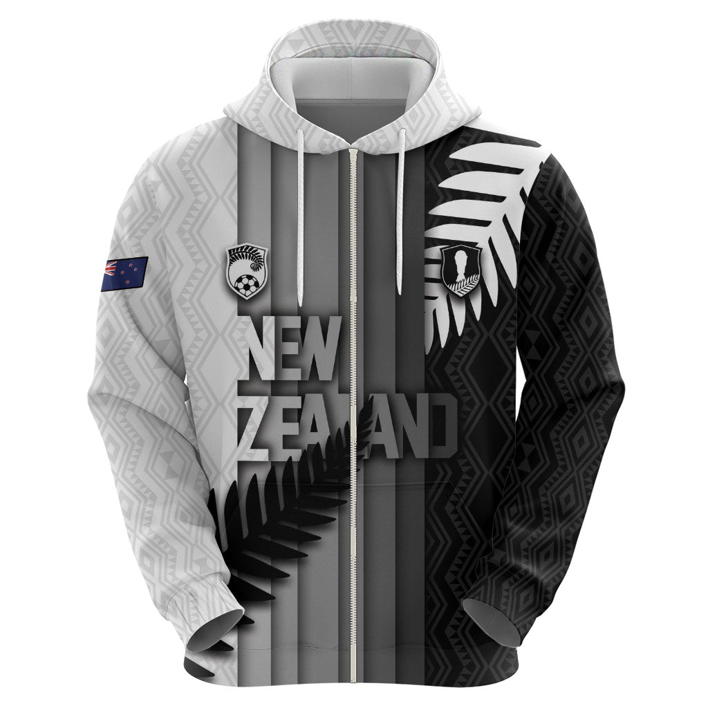 Custom New Zealand Football Zip Hoodie Silver Fern Maori Pattern Monochrome