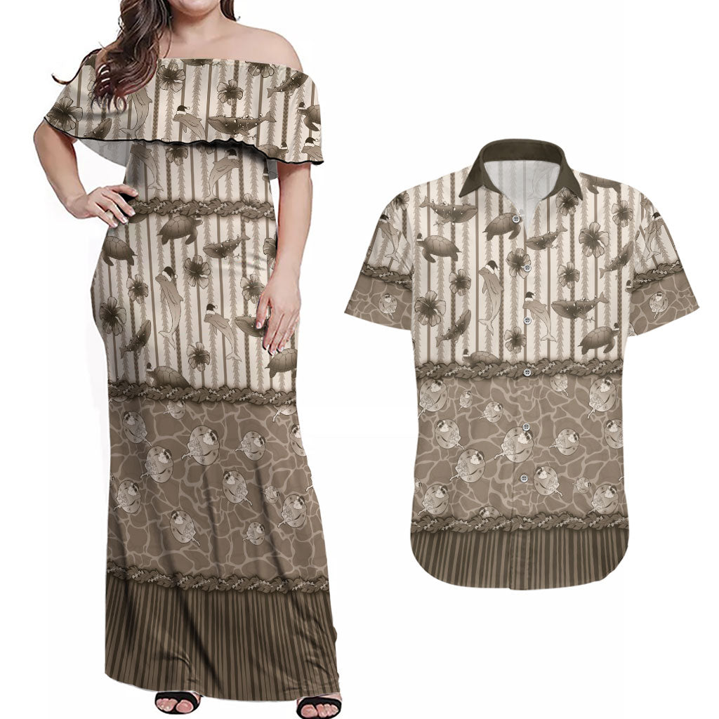 Hawaii Christmas In July Couples Matching Off Shoulder Maxi Dress and Hawaiian Shirt Beige Mele Kalikimaka Sea Animals
