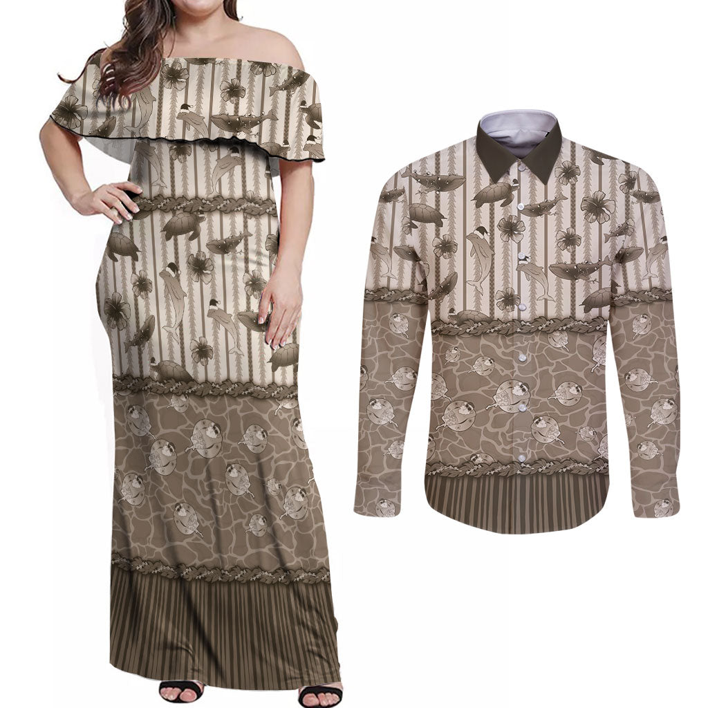 Hawaii Christmas In July Couples Matching Off Shoulder Maxi Dress and Long Sleeve Button Shirt Beige Mele Kalikimaka Sea Animals DT05 Beige - Polynesian Pride