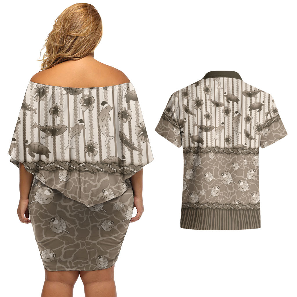 Hawaii Christmas In July Couples Matching Off Shoulder Short Dress and Hawaiian Shirt Beige Mele Kalikimaka Sea Animals