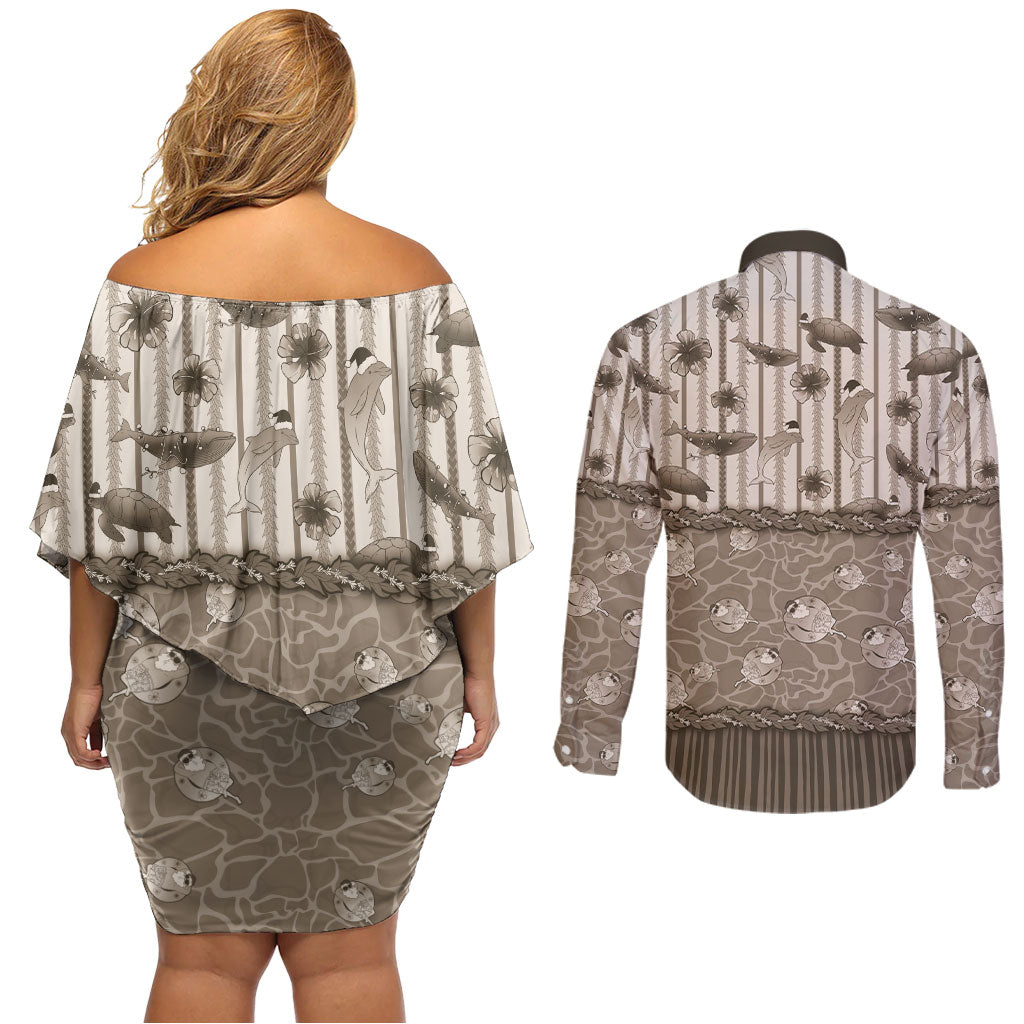 Hawaii Christmas In July Couples Matching Off Shoulder Short Dress and Long Sleeve Button Shirt Beige Mele Kalikimaka Sea Animals