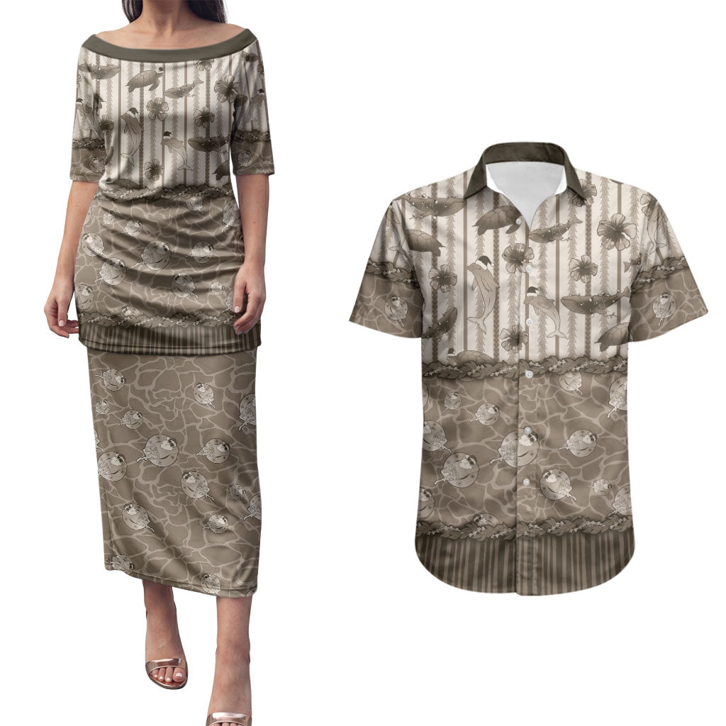 Hawaii Christmas In July Couples Matching Puletasi and Hawaiian Shirt Beige Mele Kalikimaka Sea Animals DT05 Beige - Polynesian Pride