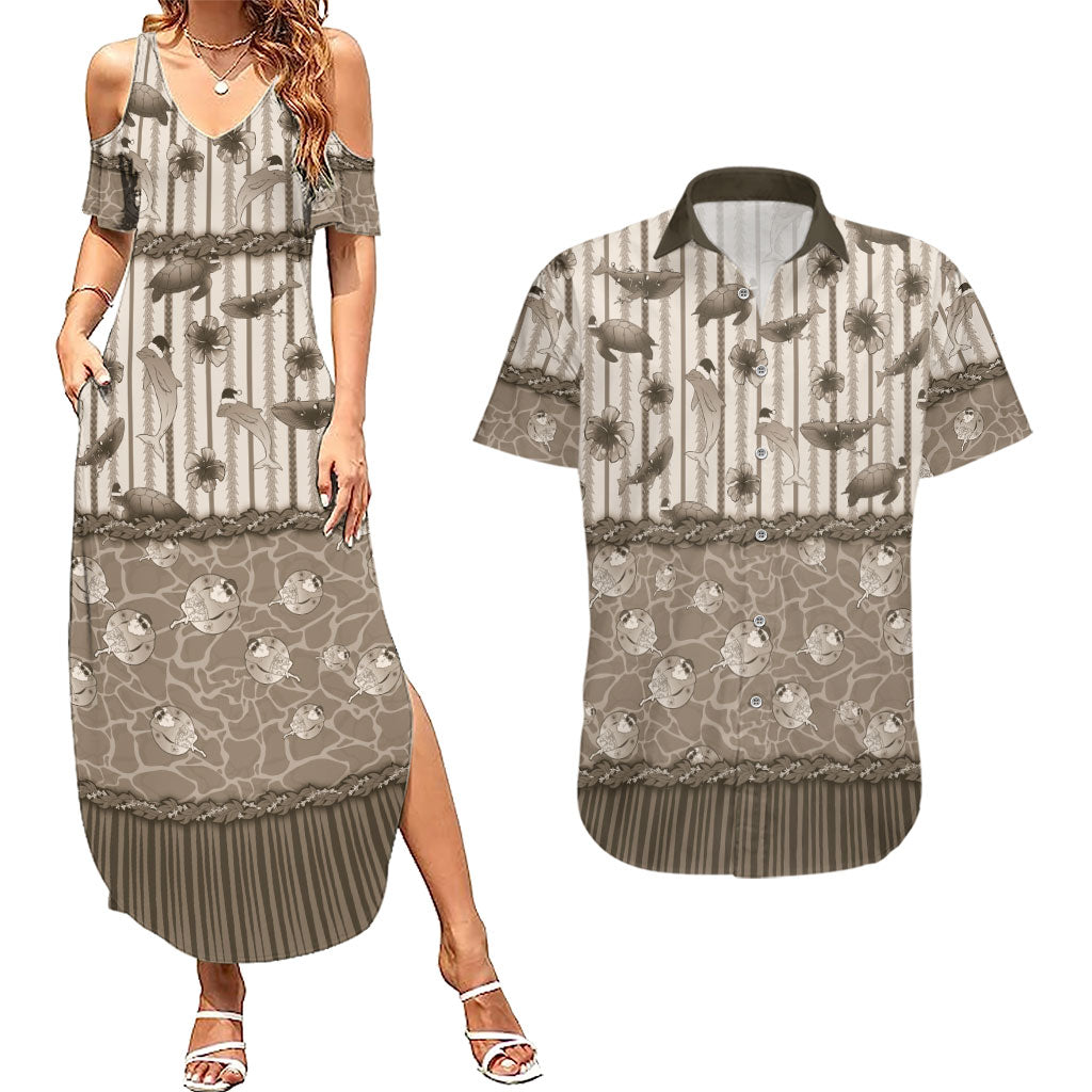 Hawaii Christmas In July Couples Matching Summer Maxi Dress and Hawaiian Shirt Beige Mele Kalikimaka Sea Animals