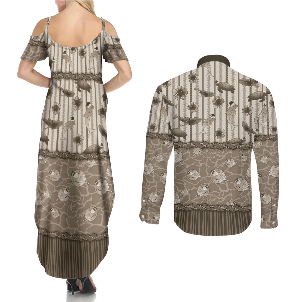 Hawaii Christmas In July Couples Matching Summer Maxi Dress and Long Sleeve Button Shirt Beige Mele Kalikimaka Sea Animals