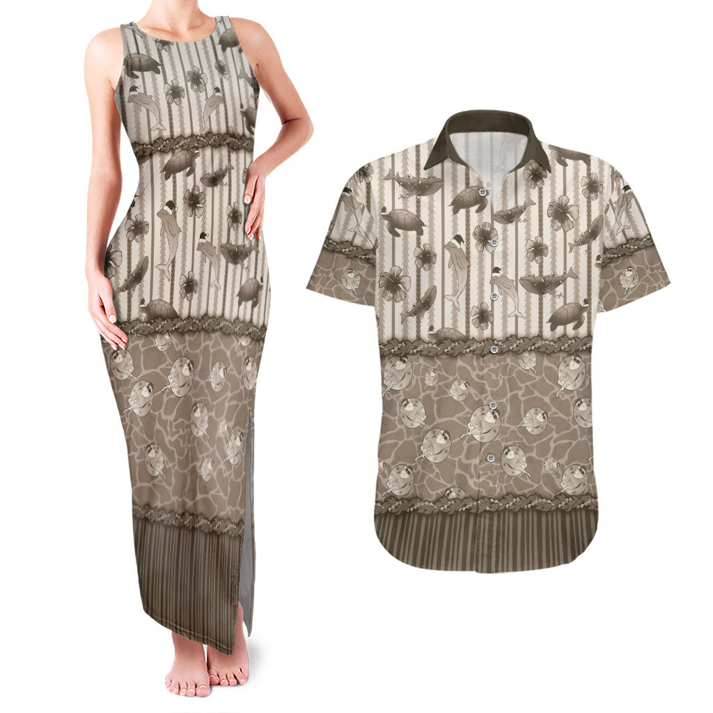 Hawaii Christmas In July Couples Matching Tank Maxi Dress and Hawaiian Shirt Beige Mele Kalikimaka Sea Animals