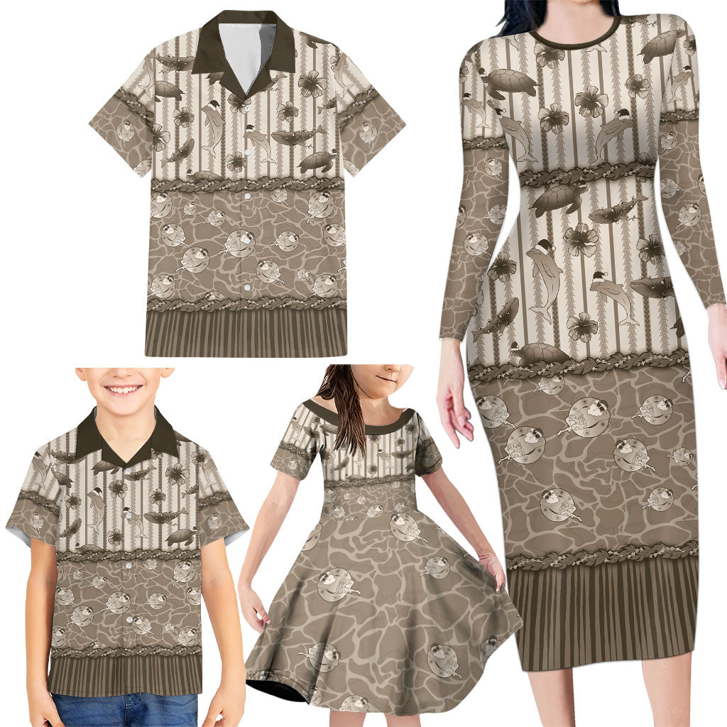 Hawaii Christmas In July Family Matching Long Sleeve Bodycon Dress and Hawaiian Shirt Beige Mele Kalikimaka Sea Animals