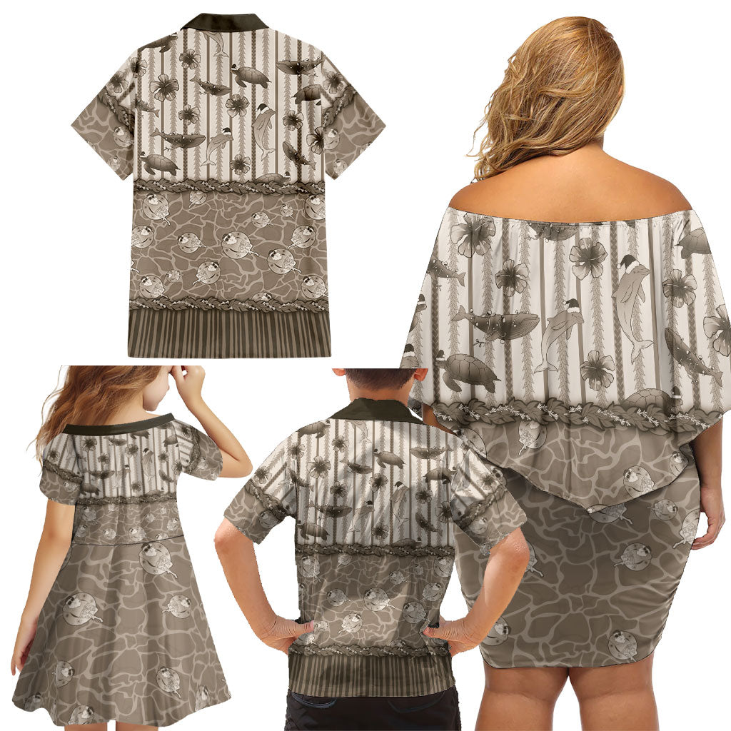 Hawaii Christmas In July Family Matching Off Shoulder Short Dress and Hawaiian Shirt Beige Mele Kalikimaka Sea Animals