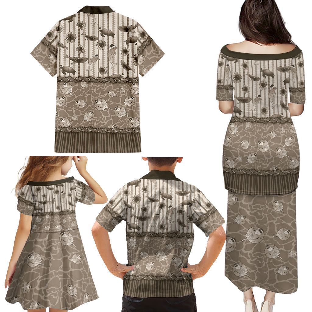Hawaii Christmas In July Family Matching Puletasi and Hawaiian Shirt Beige Mele Kalikimaka Sea Animals