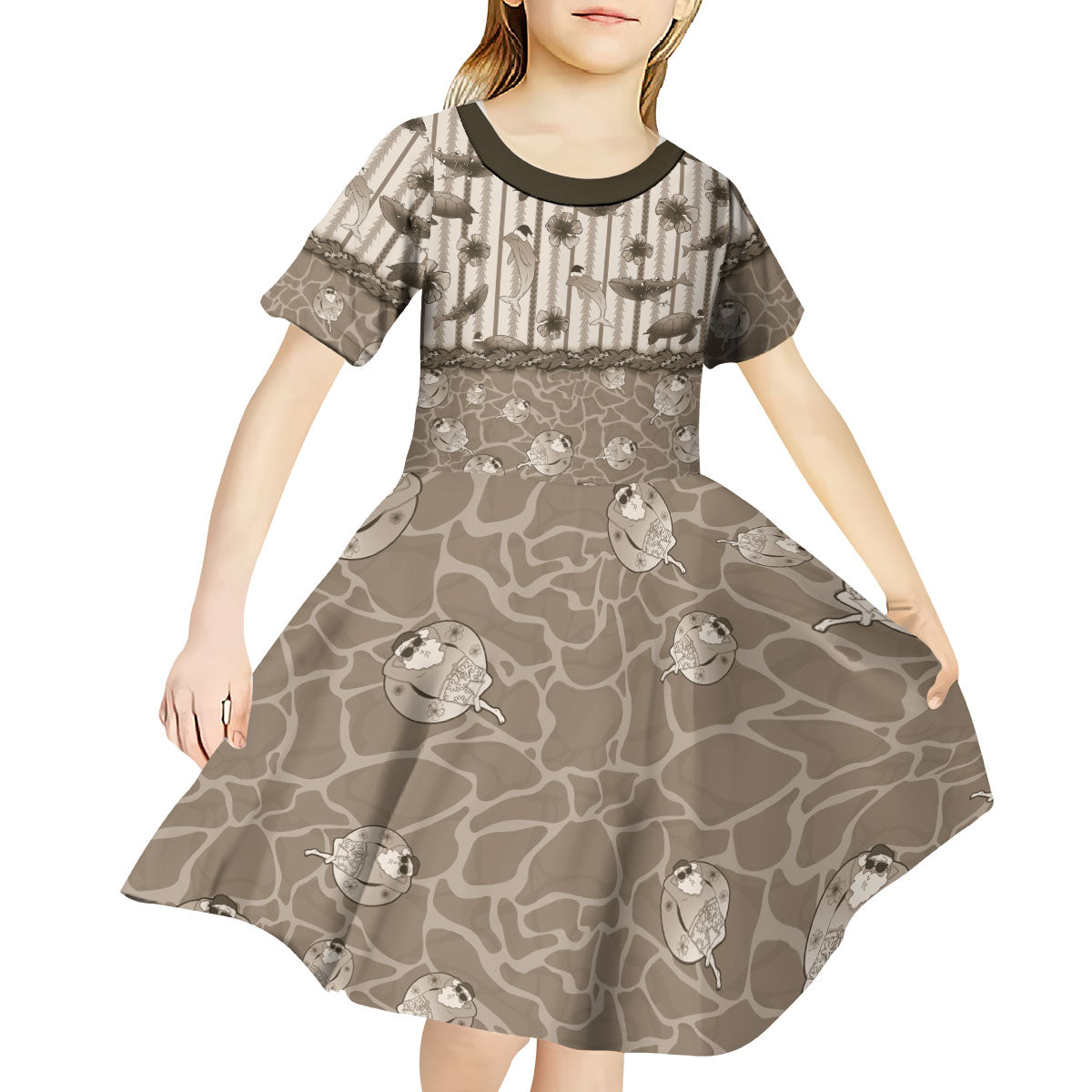 Hawaii Christmas In July Kid Short Sleeve Dress Beige Mele Kalikimaka Sea Animals