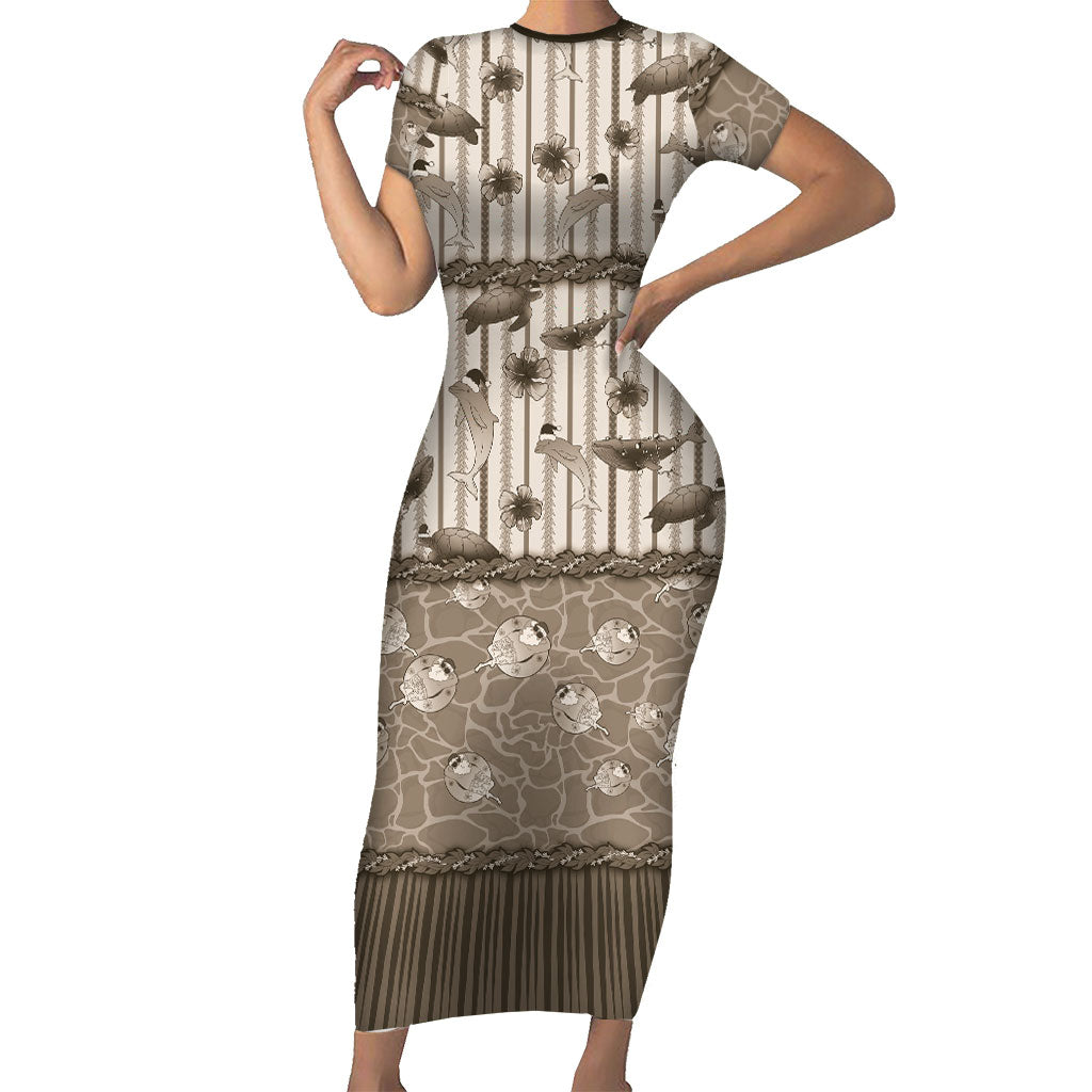 Hawaii Christmas In July Short Sleeve Bodycon Dress Beige Mele Kalikimaka Sea Animals