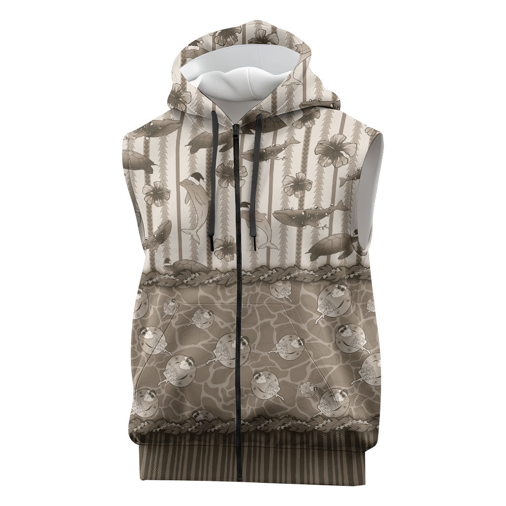 Hawaii Christmas In July Sleeveless Zip Hoodie Beige Mele Kalikimaka Sea Animals