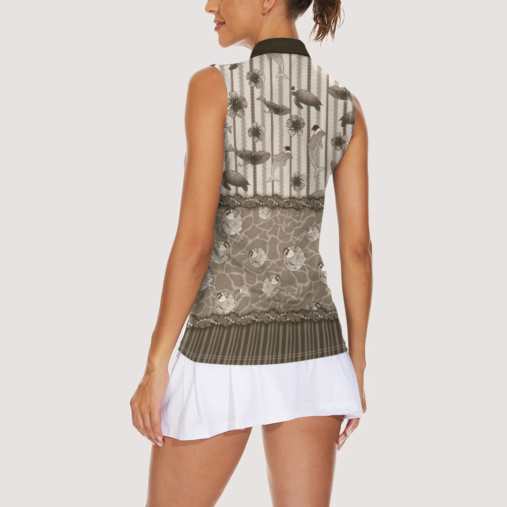 Hawaii Christmas In July Women Sleeveless Polo Shirt Beige Mele Kalikimaka Sea Animals