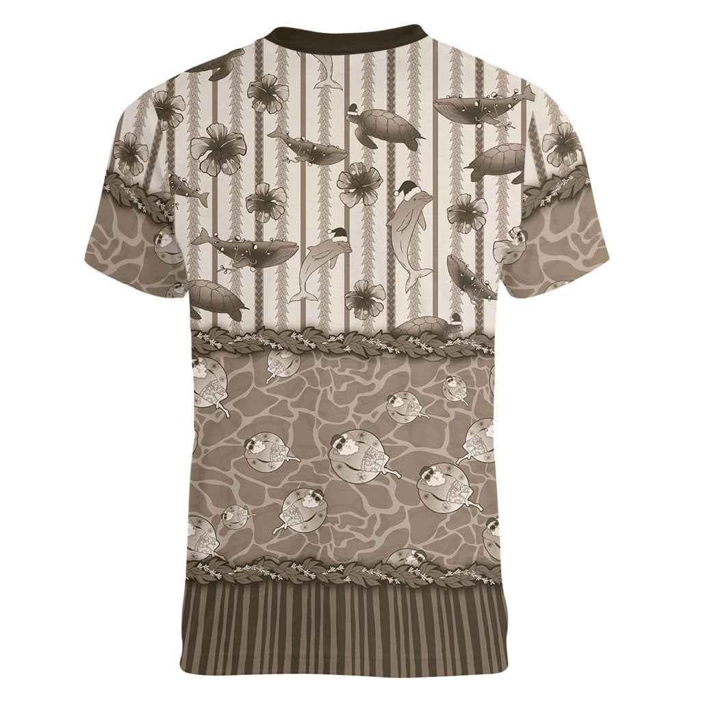 Hawaii Christmas In July Women V-Neck T-Shirt Beige Mele Kalikimaka Sea Animals