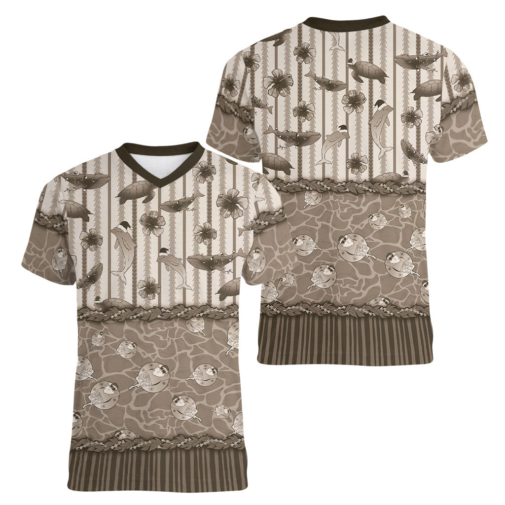 Hawaii Christmas In July Women V-Neck T-Shirt Beige Mele Kalikimaka Sea Animals