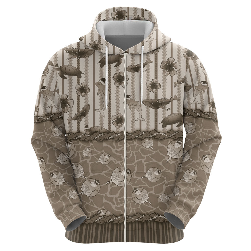 Hawaii Christmas In July Zip Hoodie Beige Mele Kalikimaka Sea Animals
