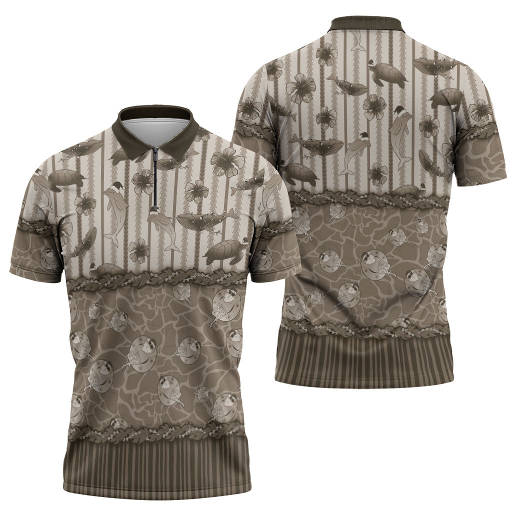 Hawaii Christmas In July Zipper Polo Shirt Beige Mele Kalikimaka Sea Animals