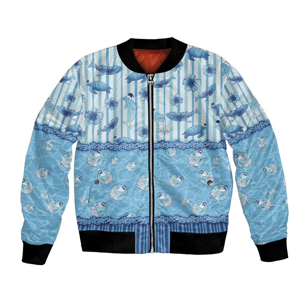 Hawaii Christmas In July Bomber Jacket Sky Blue Mele Kalikimaka Sea Animals