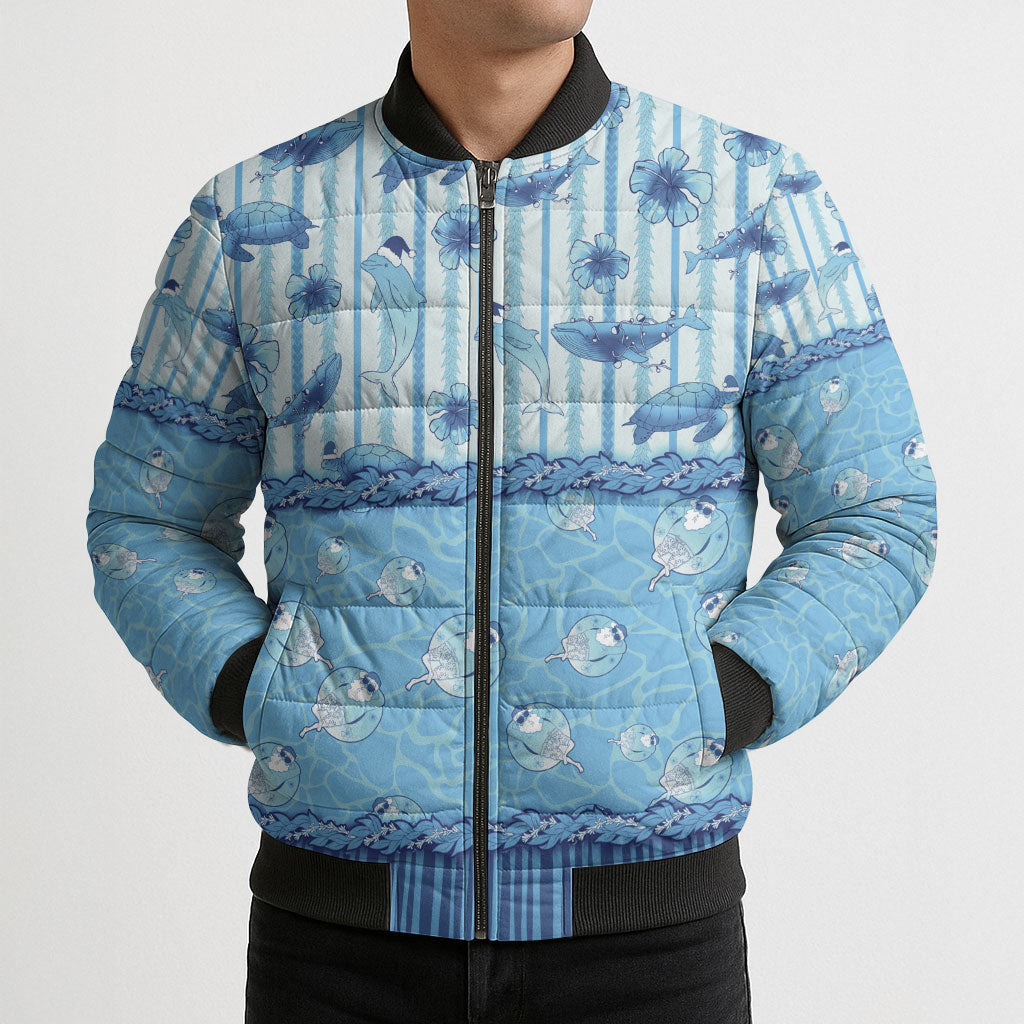 Hawaii Christmas In July Bomber Puffer Jacket Sky Blue Mele Kalikimaka Sea Animals