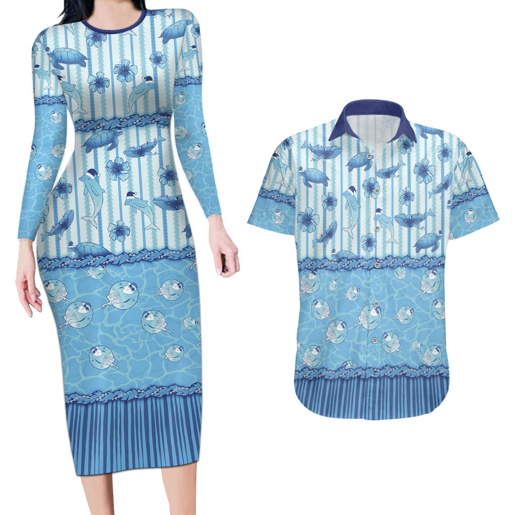 Hawaii Christmas In July Couples Matching Long Sleeve Bodycon Dress and Hawaiian Shirt Sky Blue Mele Kalikimaka Sea Animals
