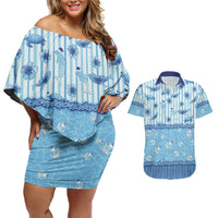 Hawaii Christmas In July Couples Matching Off Shoulder Short Dress and Hawaiian Shirt Sky Blue Mele Kalikimaka Sea Animals
