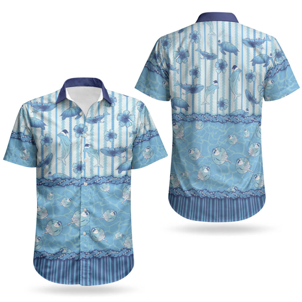 Hawaii Christmas In July Couples Matching Off Shoulder Short Dress and Hawaiian Shirt Sky Blue Mele Kalikimaka Sea Animals DT05 - Polynesian Pride