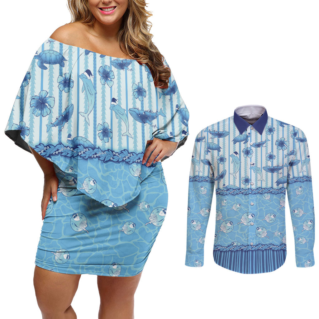 Hawaii Christmas In July Couples Matching Off Shoulder Short Dress and Long Sleeve Button Shirt Sky Blue Mele Kalikimaka Sea Animals
