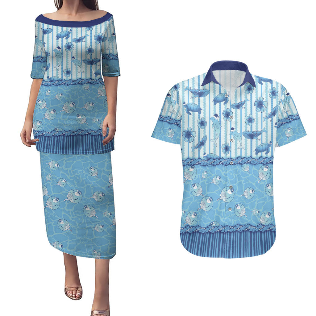Hawaii Christmas In July Couples Matching Puletasi and Hawaiian Shirt Sky Blue Mele Kalikimaka Sea Animals