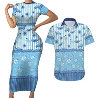 Hawaii Christmas In July Couples Matching Short Sleeve Bodycon Dress and Hawaiian Shirt Sky Blue Mele Kalikimaka Sea Animals