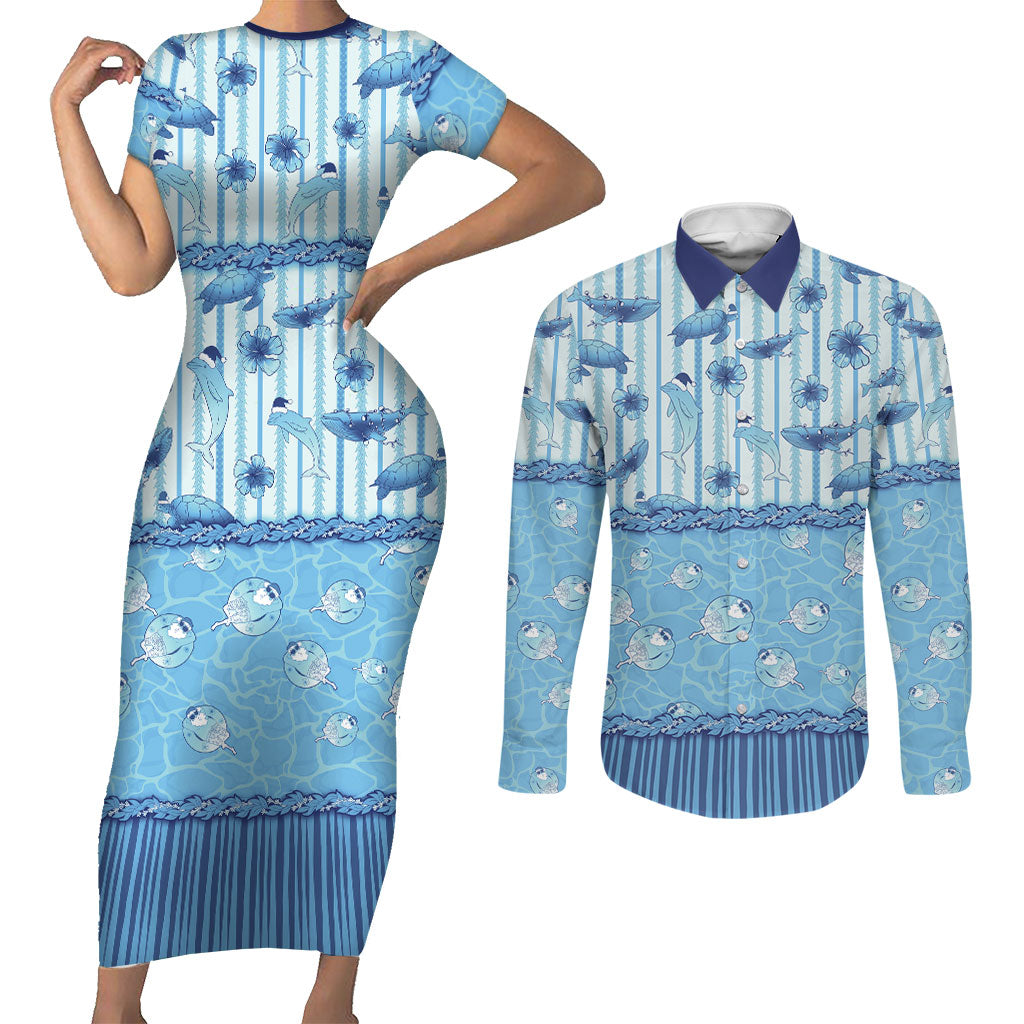 Hawaii Christmas In July Couples Matching Short Sleeve Bodycon Dress and Long Sleeve Button Shirt Sky Blue Mele Kalikimaka Sea Animals