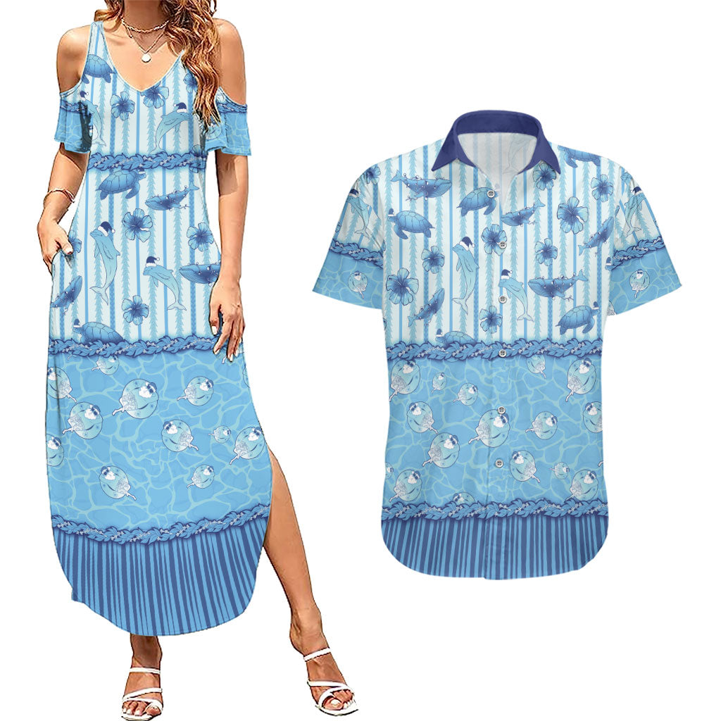 Hawaii Christmas In July Couples Matching Summer Maxi Dress and Hawaiian Shirt Sky Blue Mele Kalikimaka Sea Animals