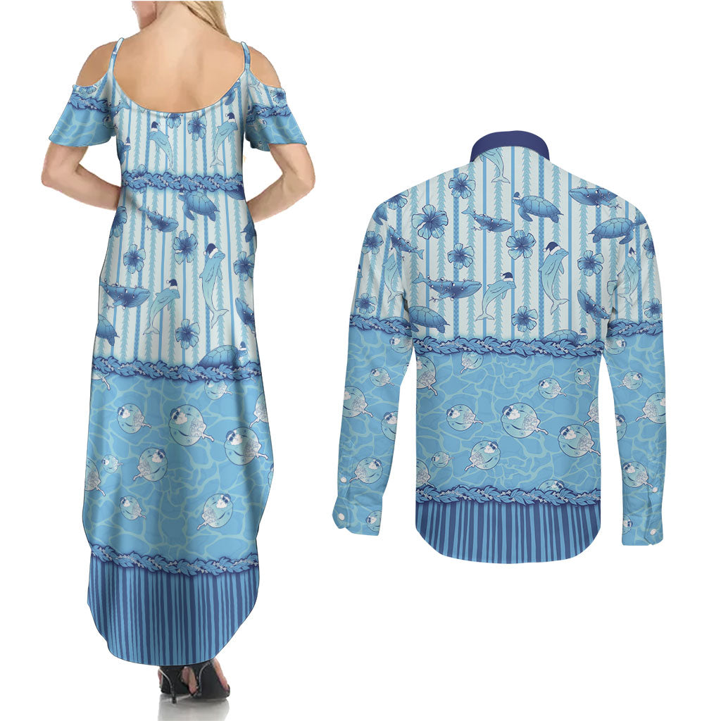 Hawaii Christmas In July Couples Matching Summer Maxi Dress and Long Sleeve Button Shirt Sky Blue Mele Kalikimaka Sea Animals