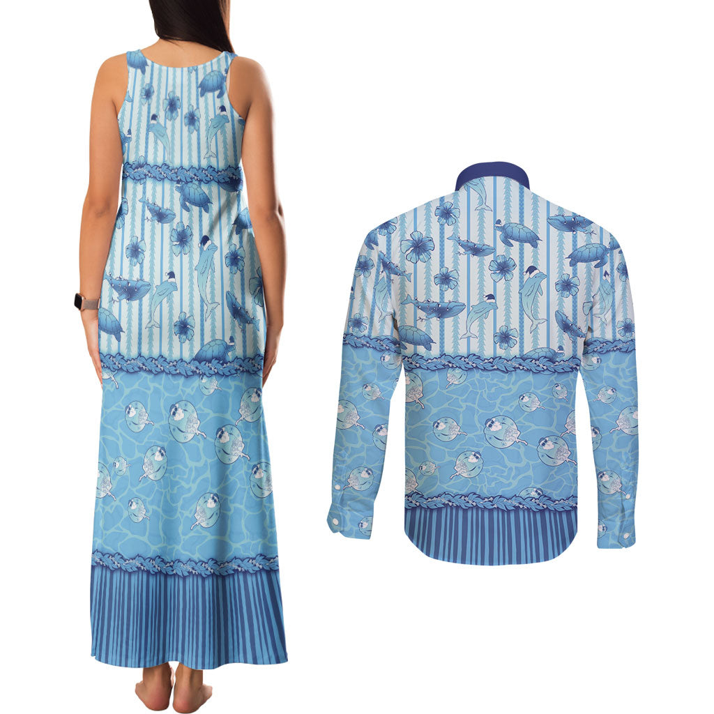 Hawaii Christmas In July Couples Matching Tank Maxi Dress and Long Sleeve Button Shirt Sky Blue Mele Kalikimaka Sea Animals