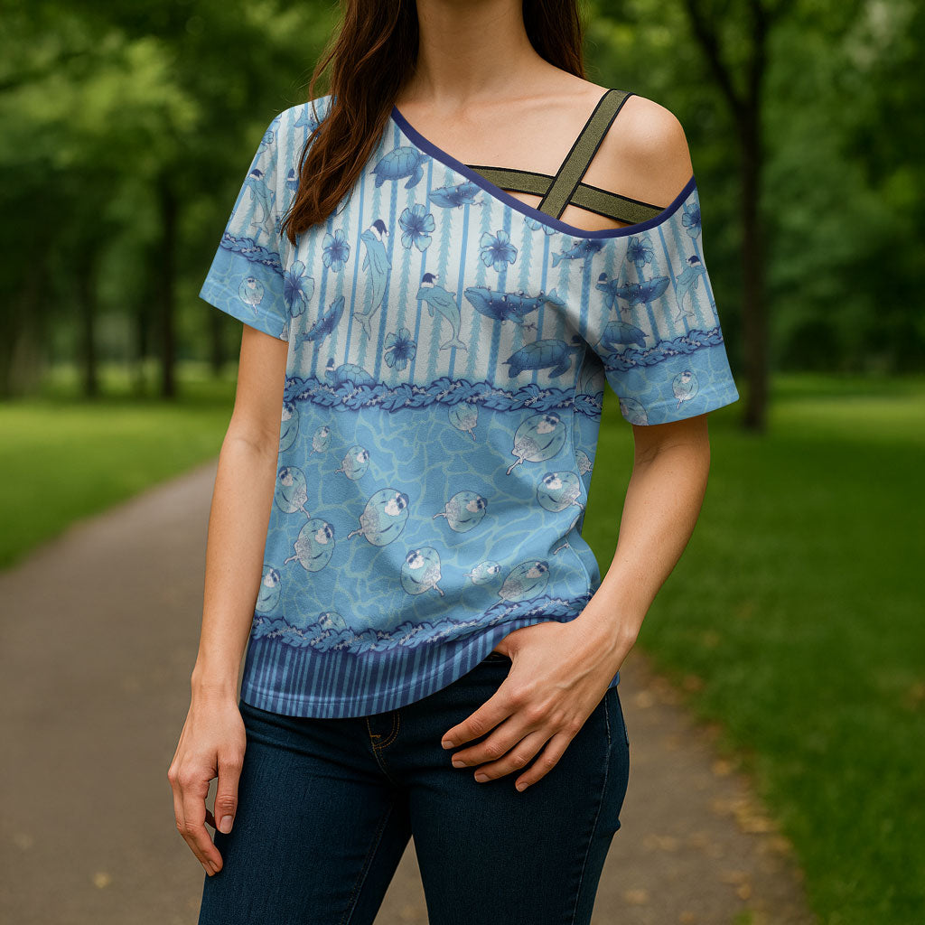 Hawaii Christmas In July Cross Shoulder Shirt Sky Blue Mele Kalikimaka Sea Animals