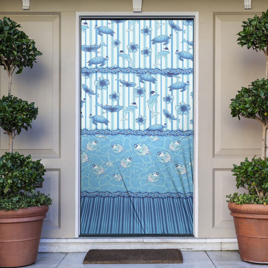 Hawaii Christmas In July Door Cover Sky Blue Mele Kalikimaka Sea Animals