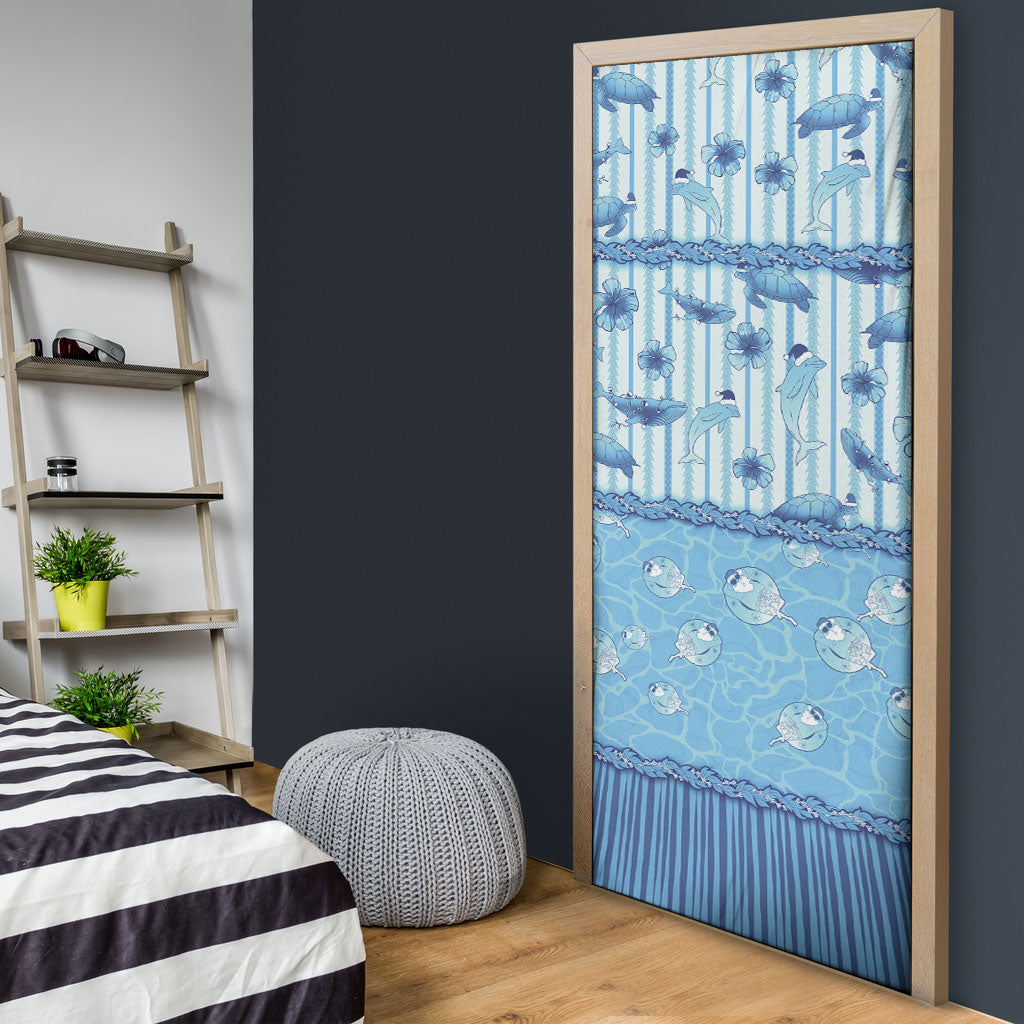 Hawaii Christmas In July Door Cover Sky Blue Mele Kalikimaka Sea Animals