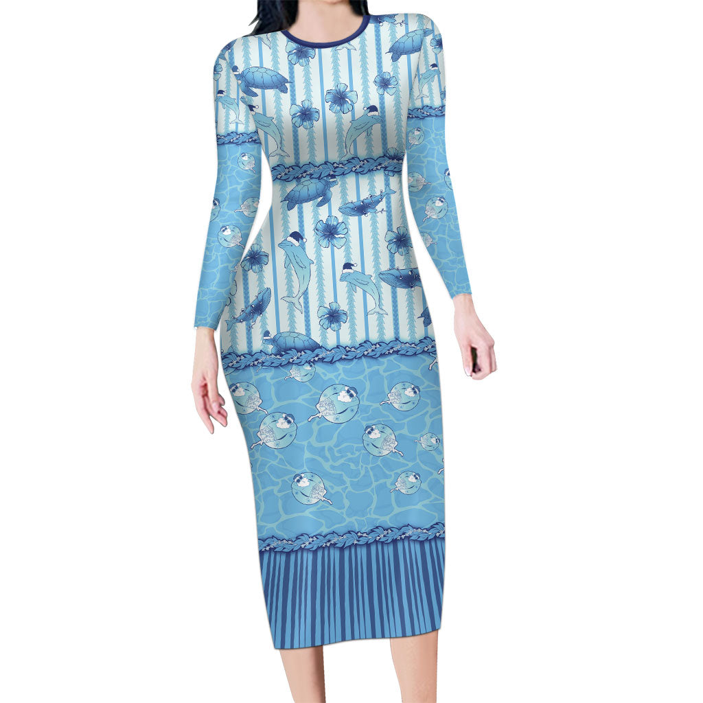 Hawaii Christmas In July Family Matching Long Sleeve Bodycon Dress and Hawaiian Shirt Sky Blue Mele Kalikimaka Sea Animals