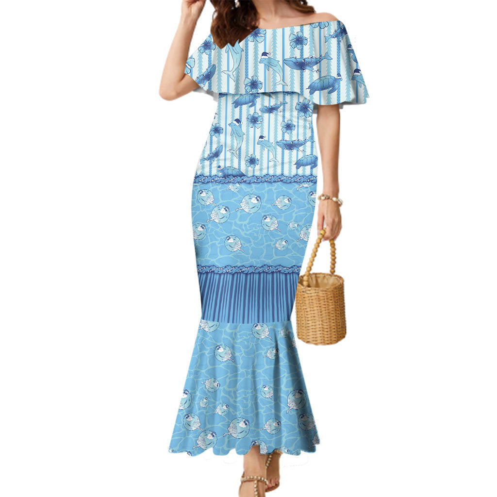 Hawaii Christmas In July Family Matching Mermaid Dress and Hawaiian Shirt Sky Blue Mele Kalikimaka Sea Animals