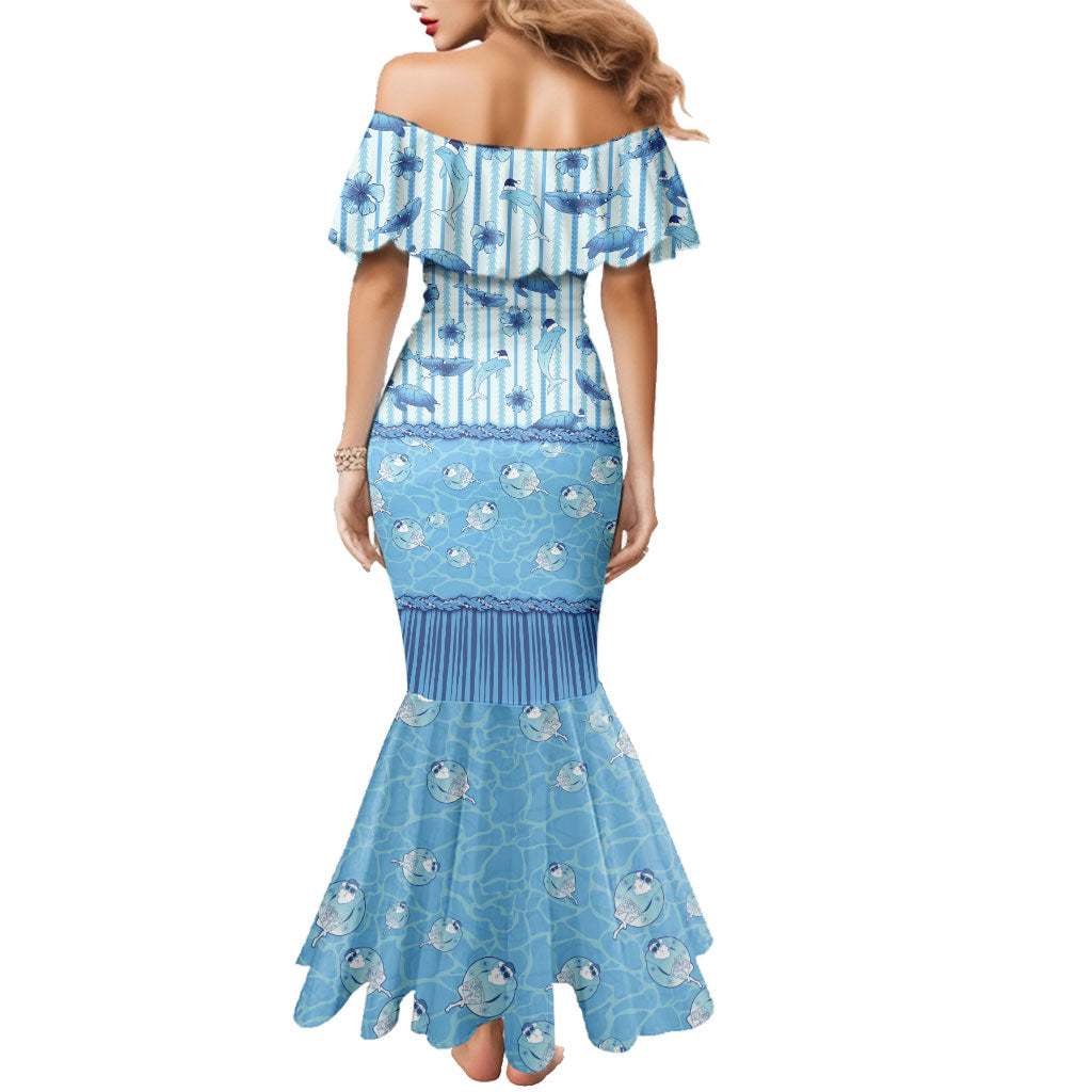 Hawaii Christmas In July Family Matching Mermaid Dress and Hawaiian Shirt Sky Blue Mele Kalikimaka Sea Animals