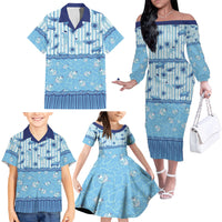 Hawaii Christmas In July Family Matching Off The Shoulder Long Sleeve Dress and Hawaiian Shirt Sky Blue Mele Kalikimaka Sea Animals
