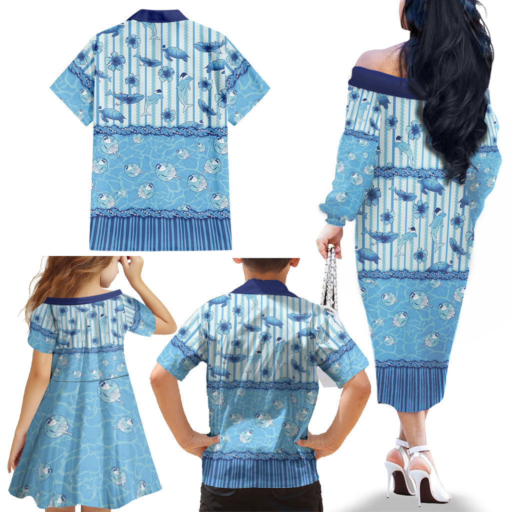 Hawaii Christmas In July Family Matching Off The Shoulder Long Sleeve Dress and Hawaiian Shirt Sky Blue Mele Kalikimaka Sea Animals